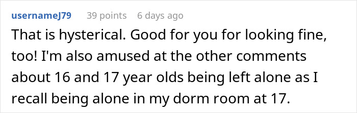 Reddit comment discussing teenagers being left home alone.