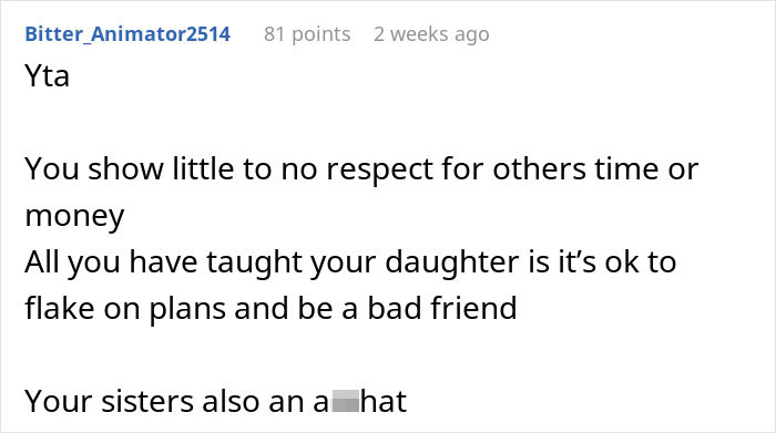 Text screenshot criticizing a parent for prioritizing a family trip over daughter's plans with friends.