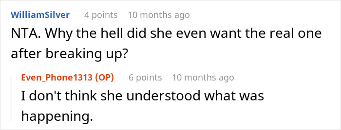 Reddit comments discussing a switch between a real and fake ring, impacting a couple's engagement.