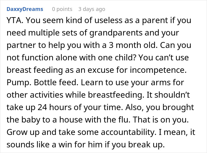 Reddit comment criticizing parenting skills and blaming a parent for leaving a newborn during illness.