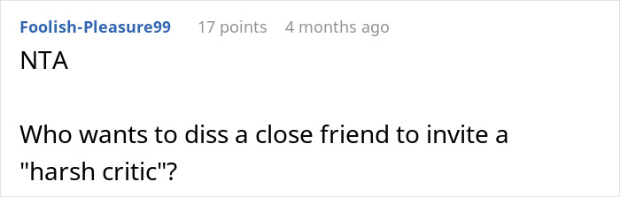 Reddit comment discussing wedding stress, asking why replace a friend with a critic.