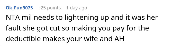 Comment about MIL demanding payment for a hospital bill after injuring herself breaking a gift. Comment about MIL demanding payment for a hospital bill after injuring herself breaking a gift.