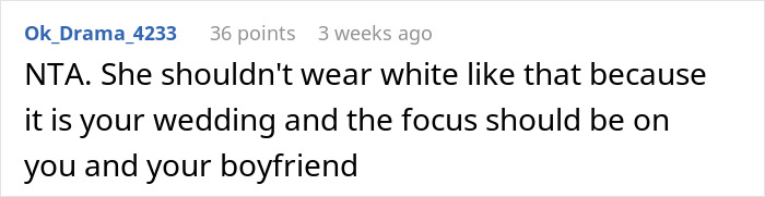 Comment on grandmother wearing white to wedding, focus should be on couple.