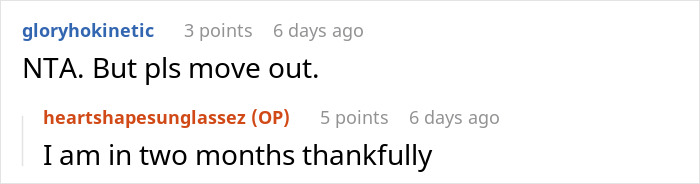 Reddit comments about moving out, discussing a living situation.