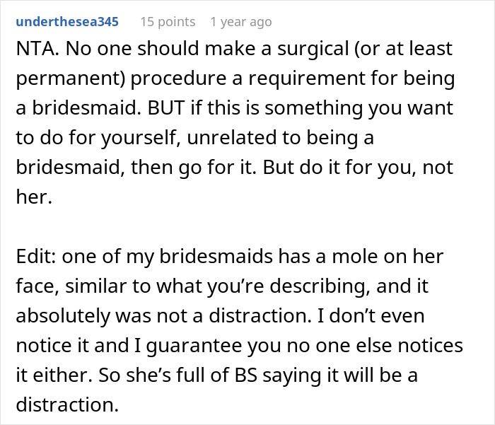 Text screenshot about bridesmaid face surgery request, discussing its necessity and personal choice. Text screenshot about bridesmaid face surgery request, discussing its necessity and personal choice.
