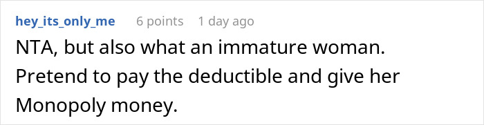 Comment suggesting giving Monopoly money instead of paying hospital bill after MIL's injury. Comment suggesting giving Monopoly money instead of paying hospital bill after MIL's injury.