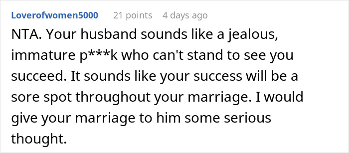 Comment discussing refusal to give up promotion, mentioning husband's jealousy.