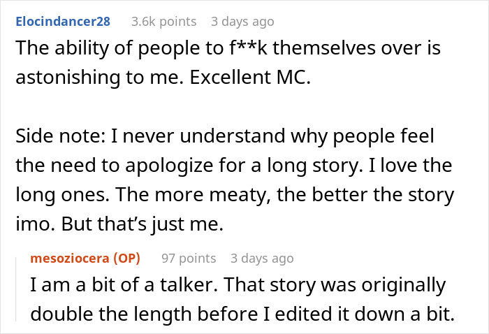 Reddit comments applauding malicious compliance, discussing story length preferences and impact. Reddit comments applauding malicious compliance, discussing story length preferences and impact.