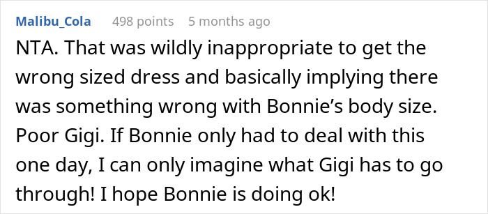 Comment addressing body-shaming incident involving a friend's parent and a 14-year-old girl.