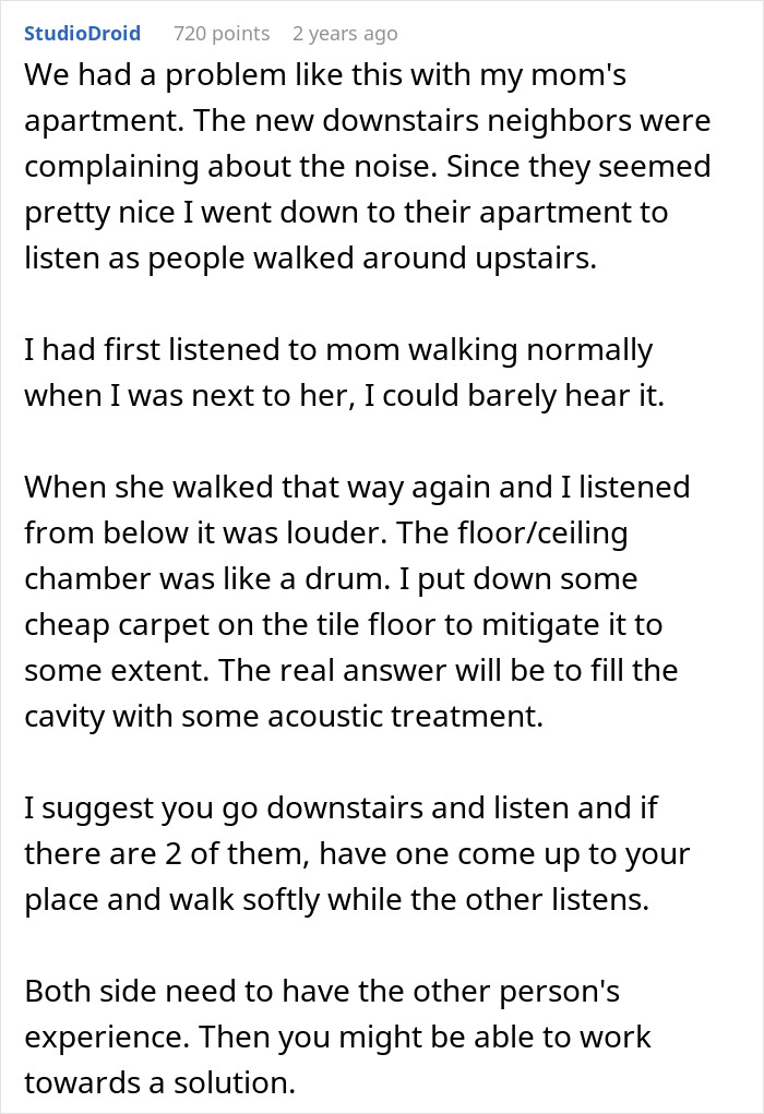 Text conversation about neighbor noise solutions; addressing issues with walking sounds between apartments.