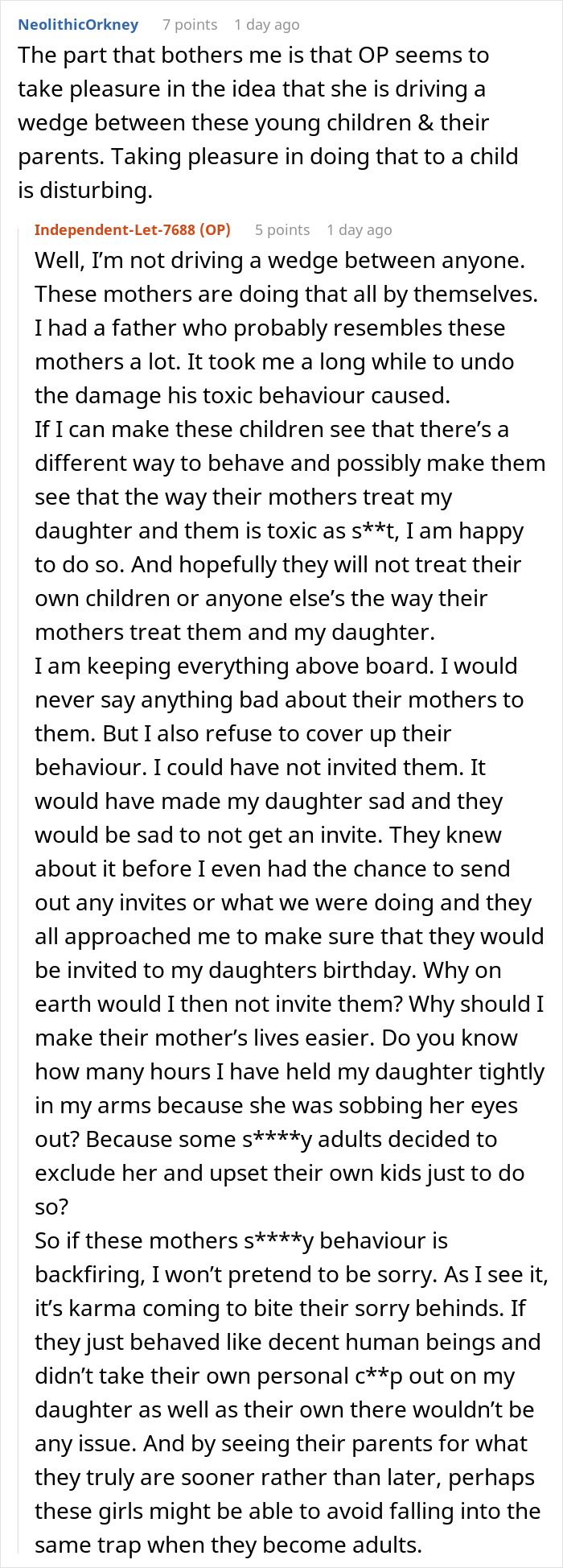 Reddit user comments on parental exclusion affecting children's social events.