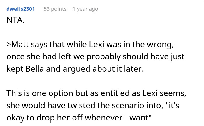 Reddit comment discussing the situation of a woman considering calling police on brother's girlfriend for leaving her child. Reddit comment discussing the situation of a woman considering calling police on brother's girlfriend for leaving her child.