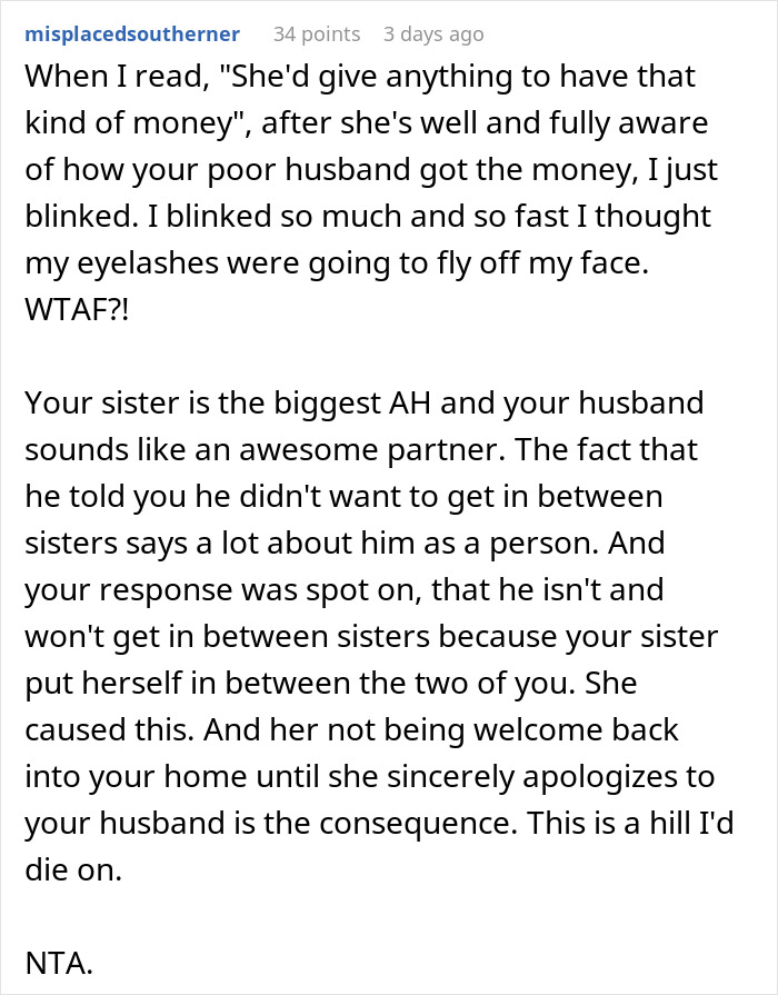 Reddit comment discussing sister's rude remark about husband's wealth and the ensuing conflict. Reddit comment discussing sister's rude remark about husband's wealth and the ensuing conflict.