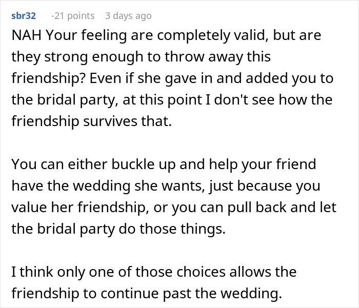 Reddit comment discussing wedding and bridesmaid friendship dynamics and choices. Reddit comment discussing wedding and bridesmaid friendship dynamics and choices.
