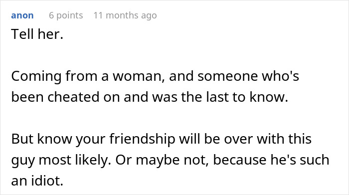 Comment discussing apartment used for cheating, suggesting to tell the truth about the affair consequences.