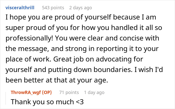 Reddit comment praising someone for handling a coworker teen's inappropriate photo trend professionally.