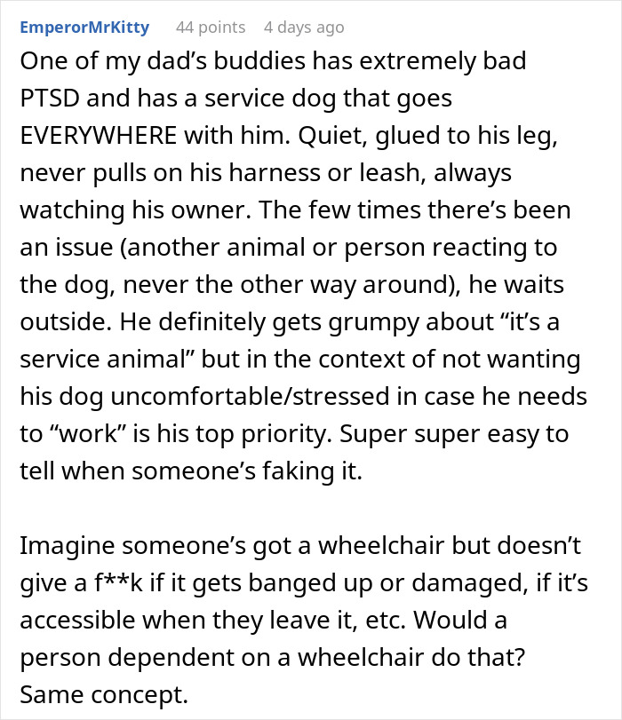 Text explaining real versus fake service dogs and their impact on owners' rights.