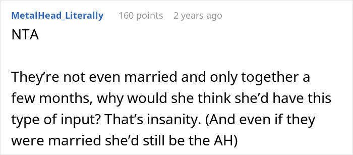 Comment discussing a partner's input on naming a baby not hers, doubting her entitlement.