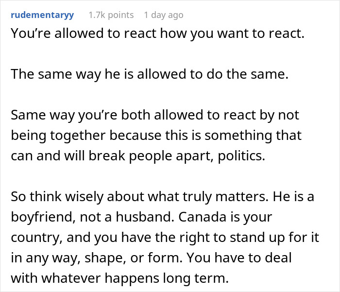 Comment discussing woman's choice on U.S. tariffs and politics regarding boyfriend's family visit.