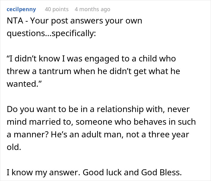 Text post discussing a woman questioning her wedding after fianc&eacute; sided with his sister, calling his behavior childish.