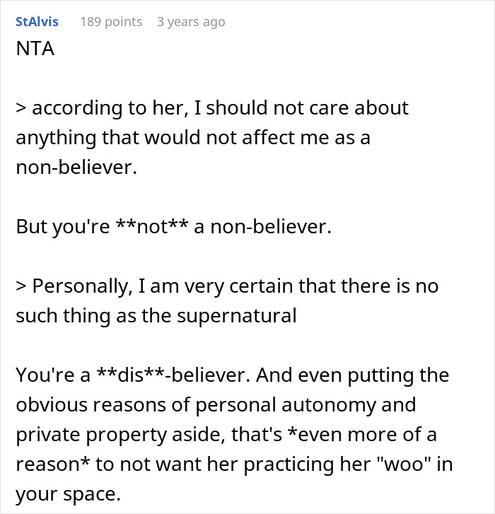 Reddit comment discussing personal beliefs about supernatural and autonomy concerning a witchy friend's request. Reddit comment discussing personal beliefs about supernatural and autonomy concerning a witchy friend's request.