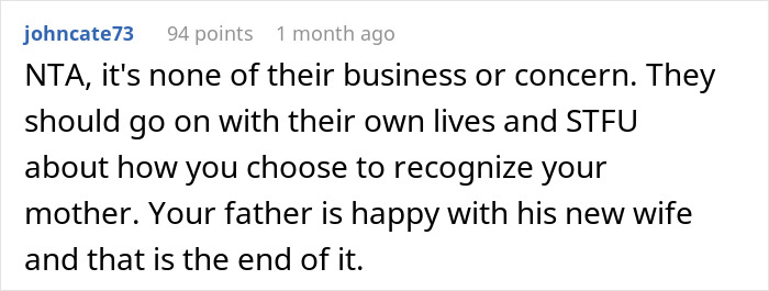 Reddit comment discussing parental relationship dynamics regarding a mother's anniversary. Reddit comment discussing parental relationship dynamics regarding a mother's anniversary.