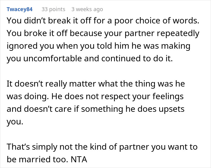 Reddit comment about a breakup due to a partner's lack of respect for boundaries and feelings.