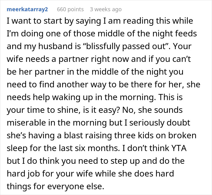 Text describing a husband's role in helping his wife with morning wake refusal due to sleepless nights.