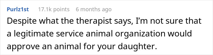 Reddit user comment questioning legitimacy of a service animal organization in a discussion about social anxiety.