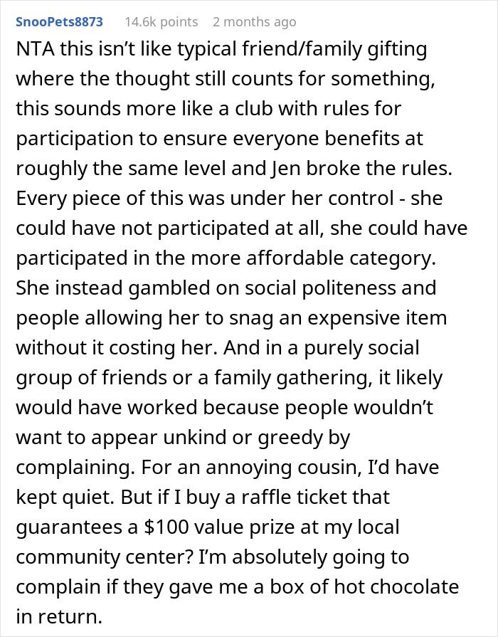 Text discussing a club member expelled for breaking gift exchange rules and causing drama after being exposed.