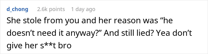 Comment discussing sibling's history of stealing and demanding money for surgery.