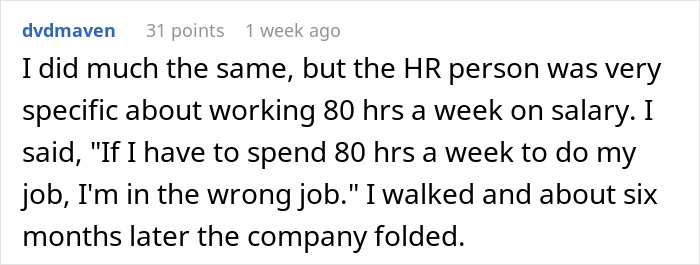 Text exchange about an HR manager demanding 80-hour workweeks; the candidate laughs at unpaid overtime expectations.