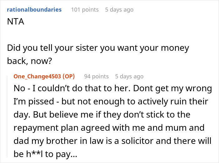Reddit conversation about family drama over destination wedding costs.