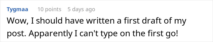 Text post about struggling to type correctly on a first draft from a user on an online forum, discussing neighbor noise.