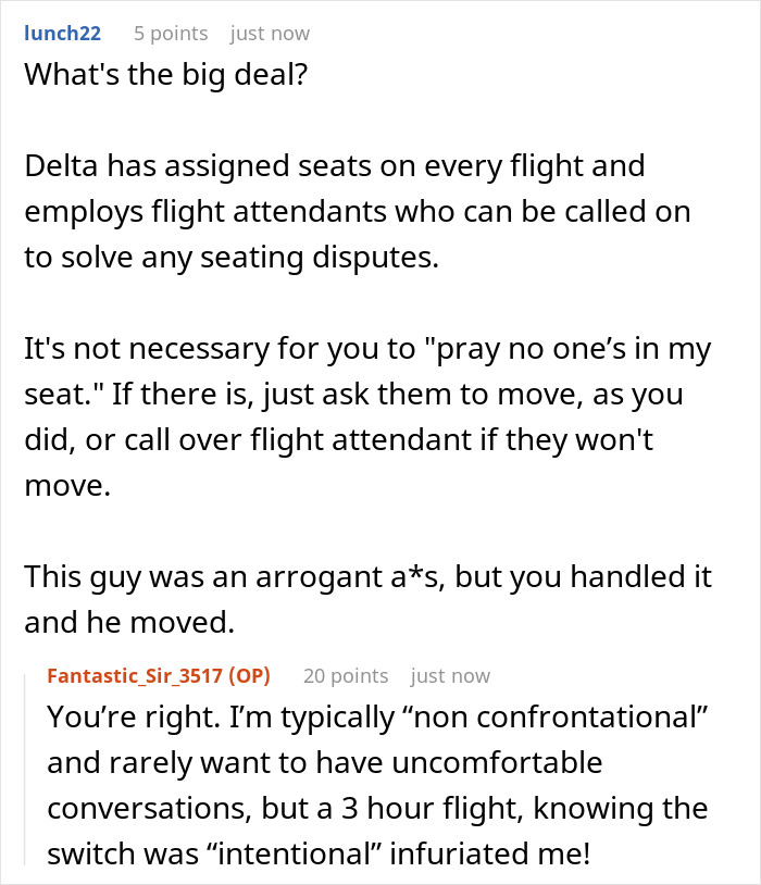 Text conversation about flight seating dispute; discussion includes asking people to move to assigned seats.