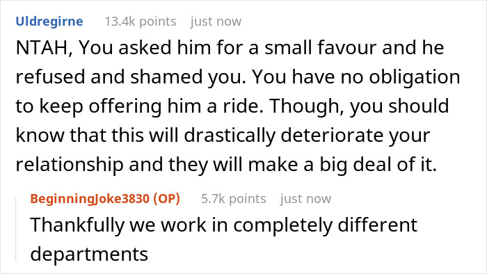 Reddit comment about coworker giving rides for 2 years; relationship issues after refusal of small favor.