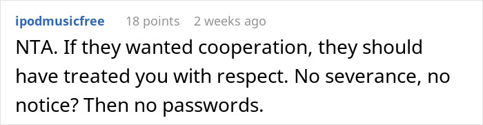 Reddit comment criticizing a company for how they treated an employee.