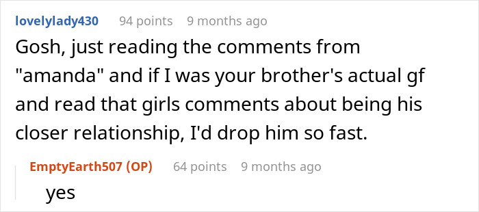 Comments discussing brother's choice to invite female BFF over long-term girlfriend as wedding +1.