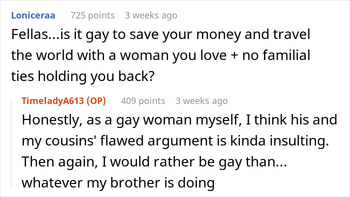 Two Reddit comments discussing relationships and personal choices.