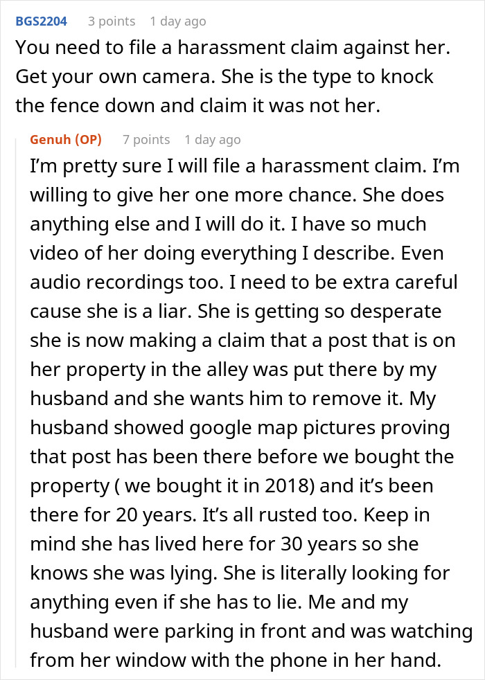 Reddit discussion about neighbor's fence dispute involving alleged OCD behavior and harassment claims.
