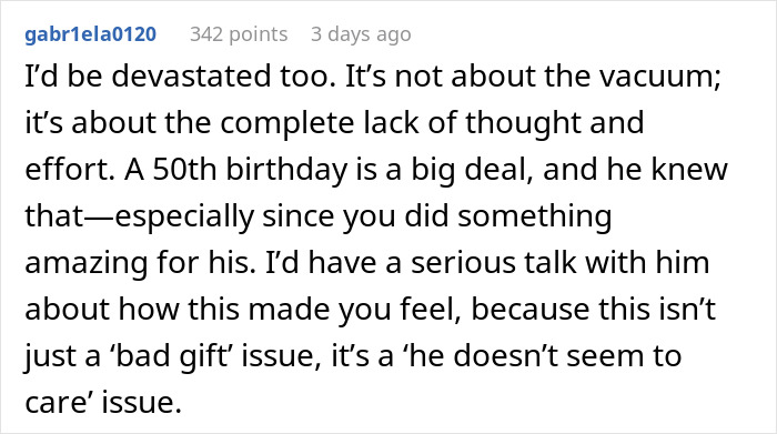 Comment discussing lack of thought in a husband's vacuum gift for wife, stressing it's not just a 'bad gift' issue.