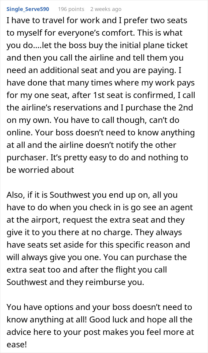 &ldquo;Advice for new hire needing extra space on a flight, suggesting to book an additional seat after initial purchase.&rdquo;