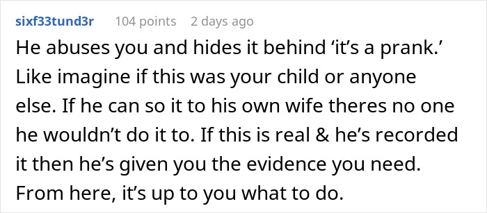 Text comment on a husband's prank, questioning its intent and highlighting potential harm to wife's safety.
