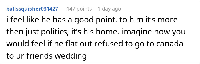 Text comment about refusing to visit a boyfriend's home due to political reasons.