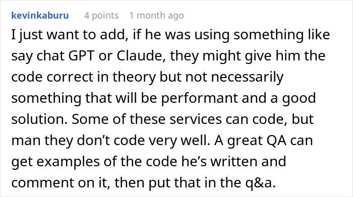 Reddit comment discussing AI in code interviews and performance. Reddit comment discussing AI in code interviews and performance.