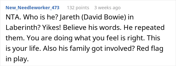 Comment discussing a man telling his fianc&eacute;e her new job is starting a family, suggesting red flags.