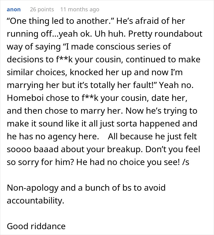 Text response discussing guy marrying ex-girlfriend's cousin and his fear related to her pregnancy.