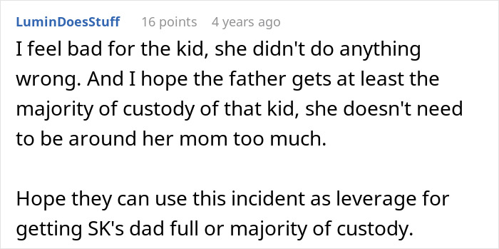 Online comment supporting a disabled neighbor in a custody situation after conflict with another parent.