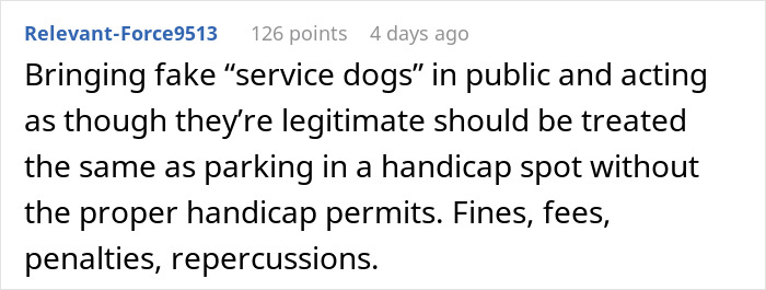 Reddit comment about fake service dogs comparing it to misuse of handicap parking, emphasizing fines and repercussions.