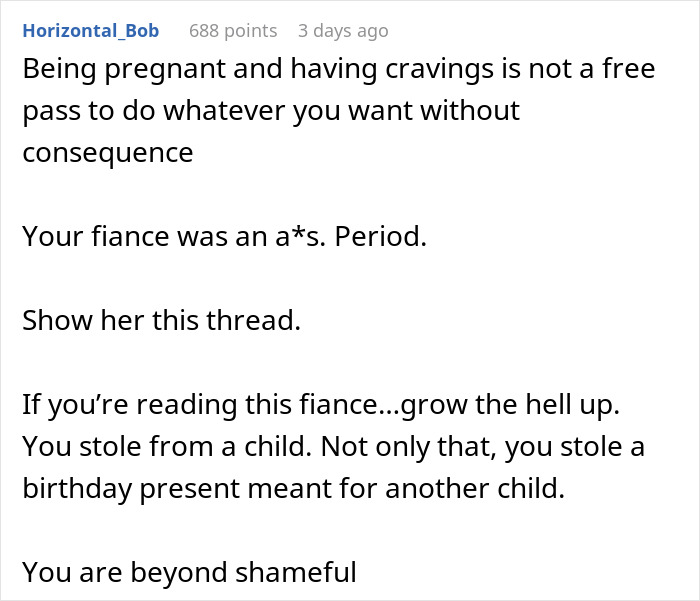 Reddit comment criticizing a woman for eating a child's cupcake, discussing pregnancy cravings and consequences. Reddit comment criticizing a woman for eating a child's cupcake, discussing pregnancy cravings and consequences.